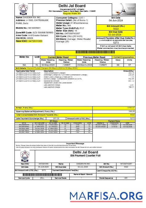 Downloadable INIDA DELHI JAL BOARD business utility bill Word and PDF template